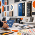 Illustration moderne de signalétique, enseignes et supports de communication visuelle