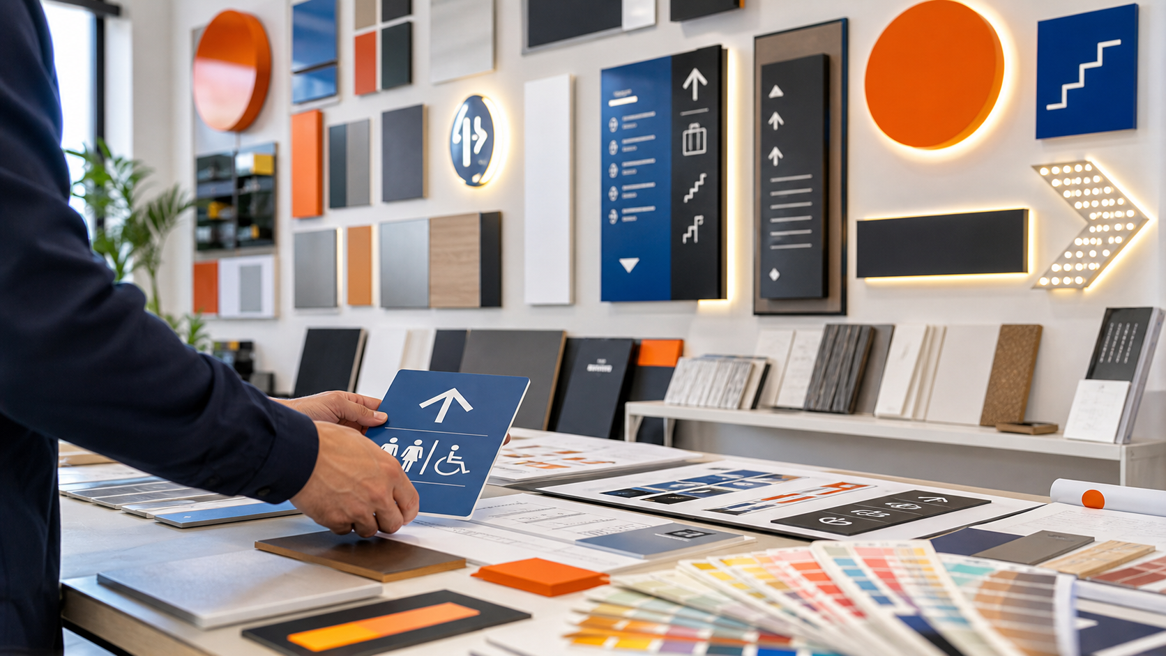 Illustration moderne de signalétique, enseignes et supports de communication visuelle